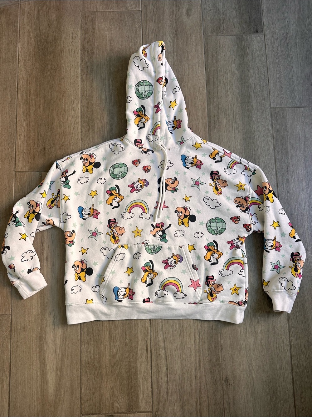 Disney White Kids Hoodie with Multicolor Mickey & Rainbow Print